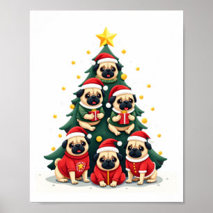 Hond Pugs Kerstboom Schattig Kerstmis (4) Poster