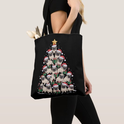Hond Pugs Kerstboom Schattig Kerstmis Honden Moede Tote Bag (Dichtbij)