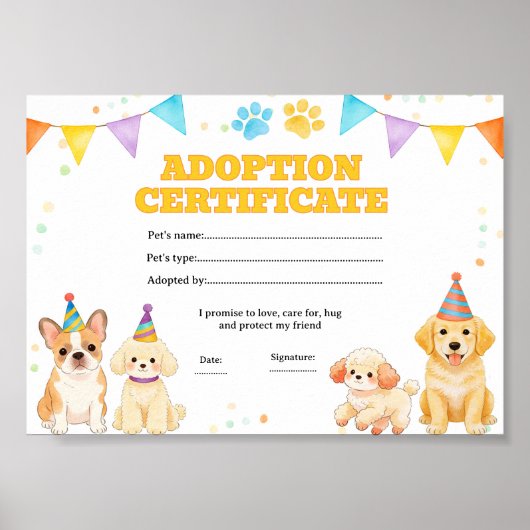 Hond puppy adoptie huisdier certificaat poster (Voorkant)