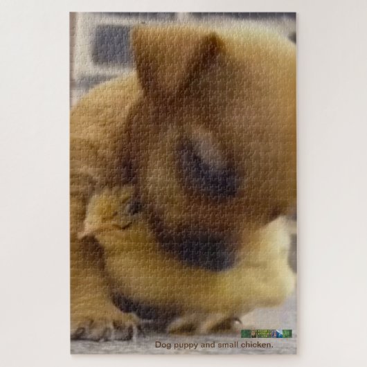 Hond puppy en kleine kip puzzel. legpuzzel (Verticaal)