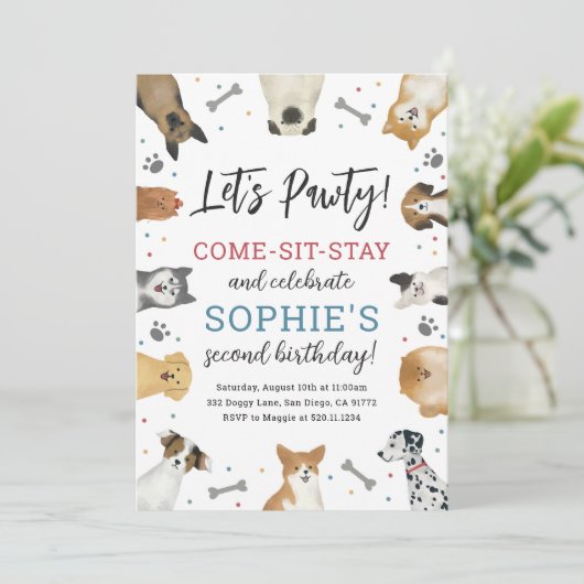 Hond Puppy Huisdier Pawty Verjaardag Party Uitnodi Kaart (Staand voorkant)