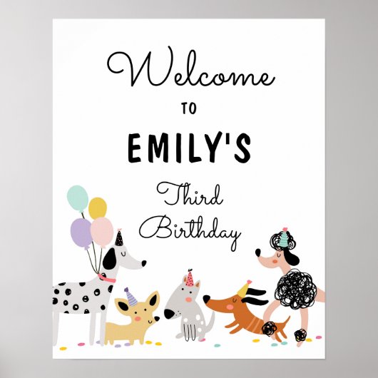 Hond Puppy Pawty Modern Meisje Verjaardag Welkom Poster (Voorkant)