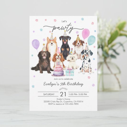 Hond Puppy Pawty Verjaardag Uitnodiging (Staand voorkant)