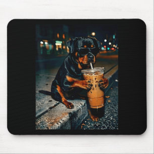 Hond rottweiler drinkend ijskoude koffie grappig d muismat