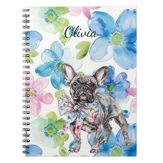 Hond Roze Blauw Bloemen Boog Gepersonaliseerd Notitieboek (Voorkant)