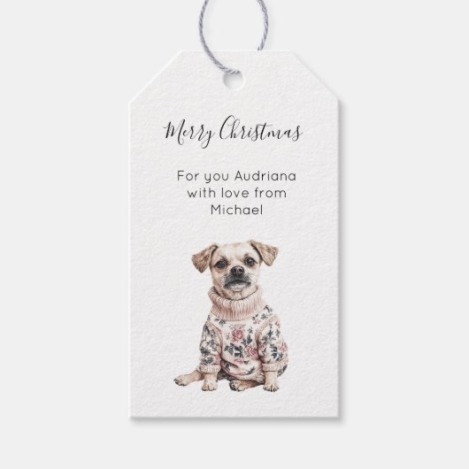 Hond Roze Bloem Kerst Cadeaulabel (Voorkant)
