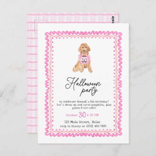 Hond Roze Preppy Pompoen Halloween Feestje  Briefkaart (Voorkant / Achterkant)