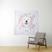 Hond Samojeed en roze bloemen, aangepaste naam Wandkleed (In situ)