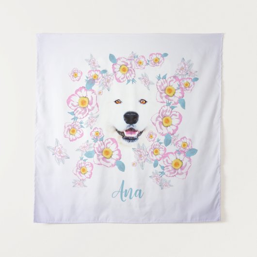 Hond Samojeed en roze bloemen, aangepaste naam Wandkleed (Voorkant)