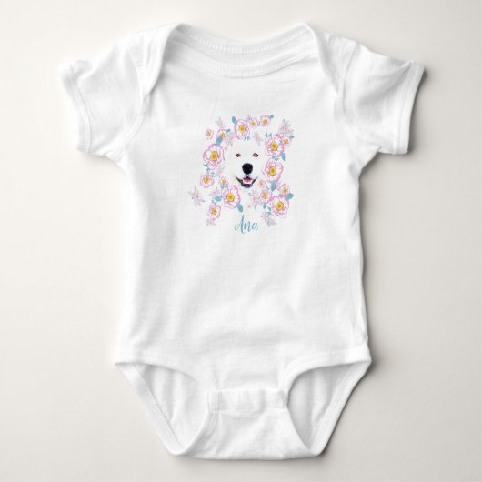 Hond Samoyed en roze bloemen, aangepaste naam Romper (Voorkant)
