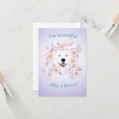 Hond Samoyed en roze bloemen Platte Wenskaart Kaart (Voorkant / Achterkant in situ)