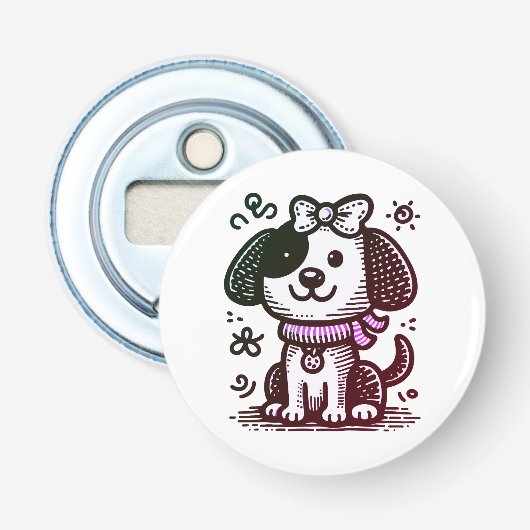 Hond, Schattig, Tekening Button Flesopener (Voorkant)