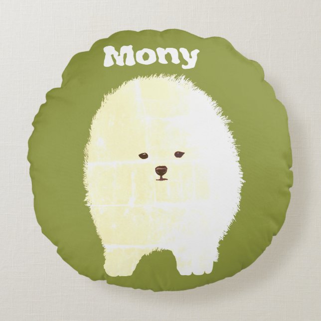 Hond, Schattige Pomeranian Fluffy Pet Art Ronde ku Rond Kussen (Voorkant)