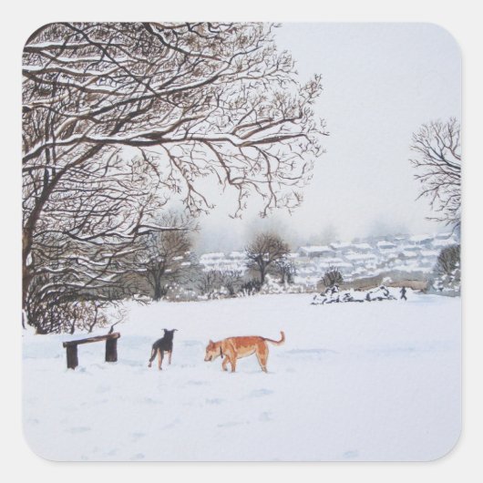 Hond sneeuwscène landschap met bomen schilderen vierkante sticker (Voorkant)