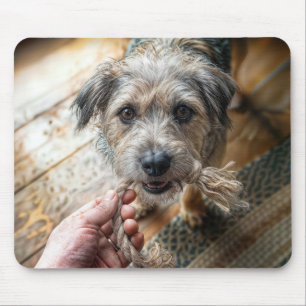 Hond speelt met touw muismat
