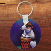 Hond spelen met een trommel met plezier originele  sleutelhanger (Voorkant)