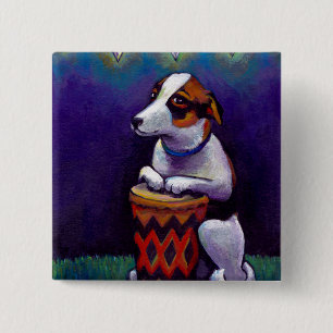 Hond spelen met een trommel met plezier originele vierkante button 5,1 cm