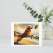 Hond springt voor frisbee, briefkaart (Staand voorkant)