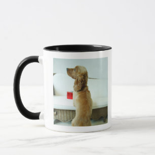 Hond staat op een bank met een cadeau mok