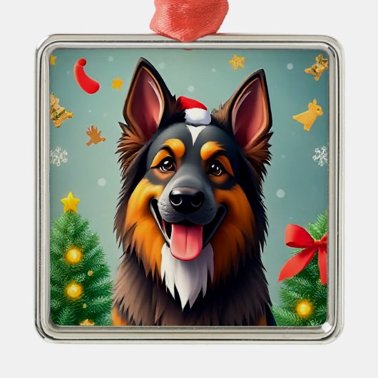 Hond te midden van kerstdecoraties metalen ornament (Voorkant)