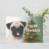 Hond tegen kerstboom zetten met bokeh feestdagenkaart (Staand voorkant)