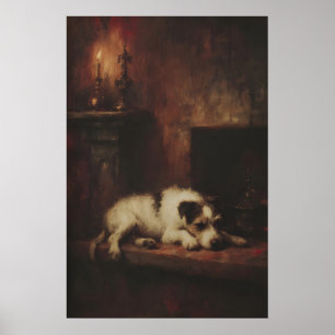 Hond Terrier Slapend bij Open Haard, Knus Gotisch Poster