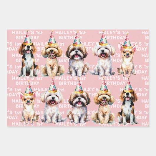 Hond thema verjaardagsfeestje roze inpakpapier vel (Voorkant 2)