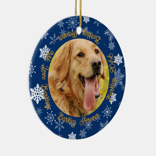 Hond Toen en Nu 2 Foto Blauwe Sneeuwvlok Keramisch Ornament (Rechts)