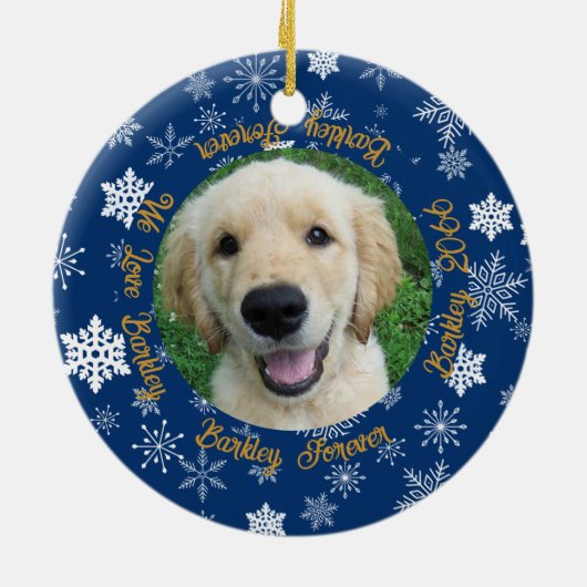 Hond Toen en Nu 2 Foto Blauwe Sneeuwvlok Keramisch Ornament (Achterkant)