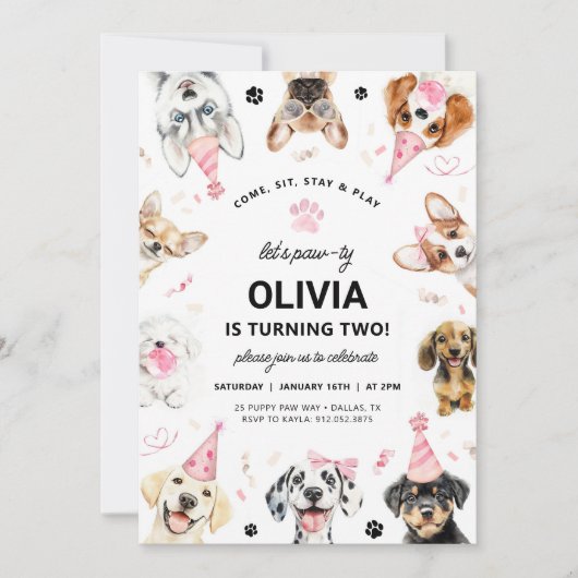 Hond Uitnodiging, Roze Puppy Verjaardag Uitnodigin Kaart (Voorkant)