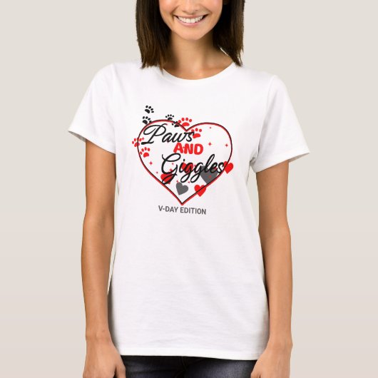 Hond valentijn, kat valentijn: Paws & giechels: V- T-shirt (Voorkant)