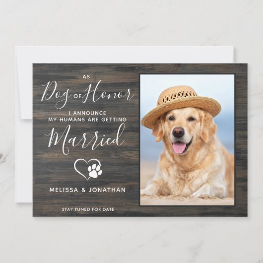 Hond Van Eer Rustieke Foto Huisdier Trouw Verlovin Aankondiging (Voorkant)