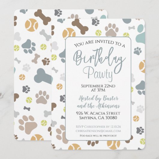 Hond Verjaardag Pawty Blue Party Kaart (Voorkant / Achterkant)