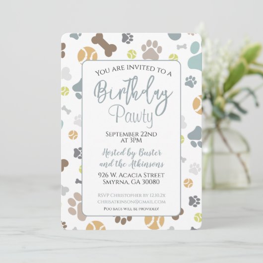 Hond Verjaardag Pawty Blue Party Kaart (Staand voorkant)