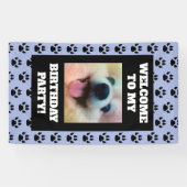 Hond Verjaardagsfeestje Blauw Zwart Paw Prints Fot Spandoek (Horizontaal)