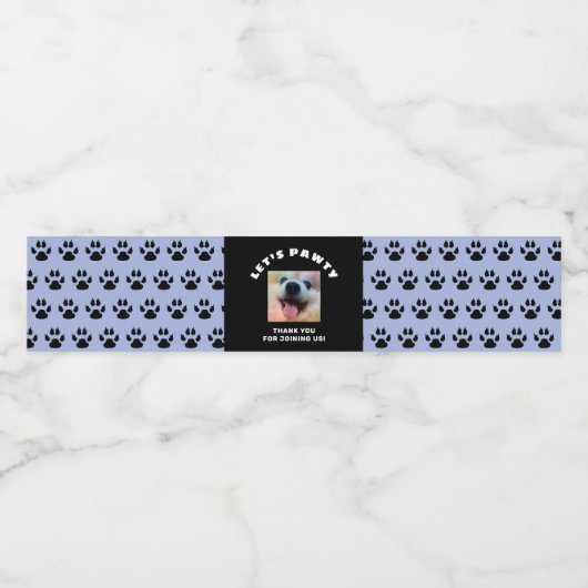 Hond Verjaardagsfeestje Pet Foto Blauwe Poot Print Waterfles Etiket (Enkel label)