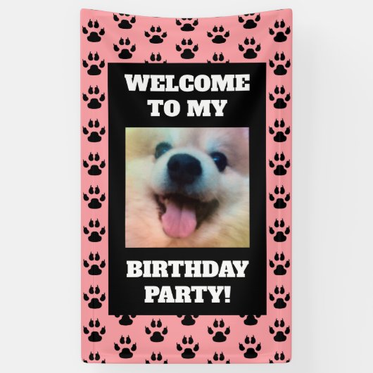 Hond Verjaardagsfeestje Roze Zwart Poot Prints Fot Spandoek (Verticaal)