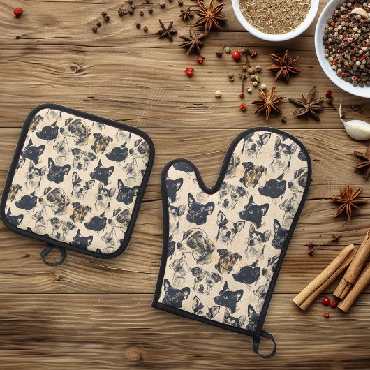 Hond Vintage Portretten Ovenwant & Pannenlap Set