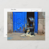 Hond wacht voor de blauwe deur, Cusco, Peru Briefkaart (Voorkant / Achterkant)