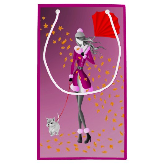 Hond Walker Rode paraplu in de herfst Klein Cadeauzakje (Achterkant)