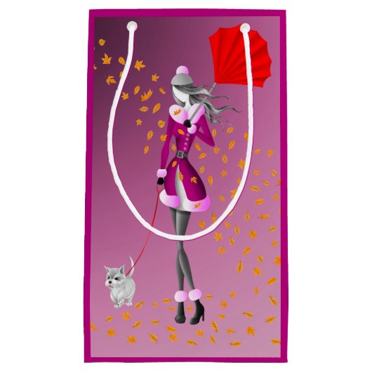 Hond Walker Rode paraplu in de herfst Klein Cadeauzakje (Voorkant)