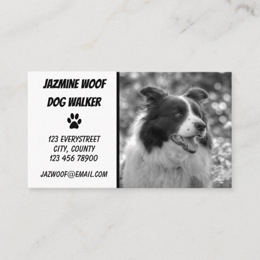 Hond Walker Zwart Wit Foto Pet Sitter Visitekaartje (Voorkant)