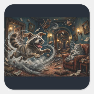 Hond Wasbeer Chaos – Whimsical Tea Time Kat Sticke Vierkante Sticker