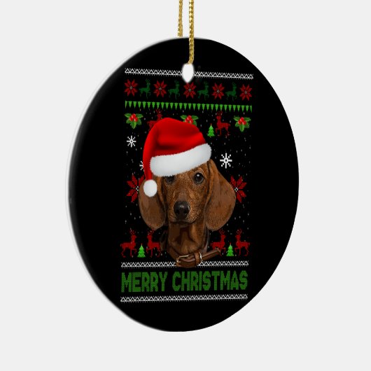 Hond Xmas Dachshund Dragen Santa Hoed Lelijk Kerst Keramisch Ornament (Rechts)