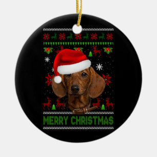 Hond Xmas Dachshund Dragen Santa Hoed Lelijk Kerst Keramisch Ornament