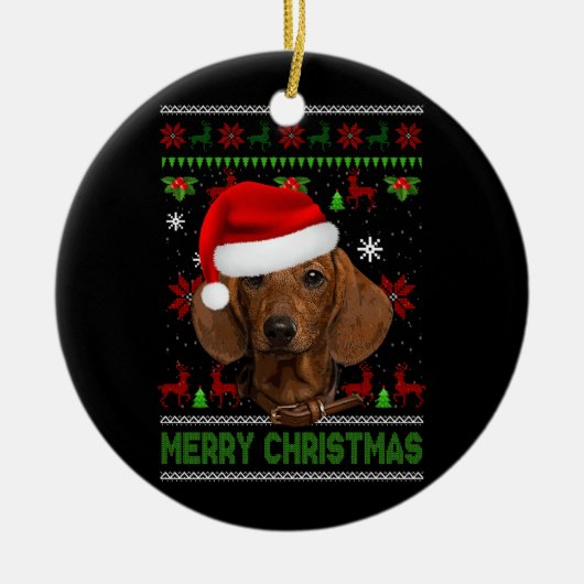 Hond Xmas Dachshund Dragen Santa Hoed Lelijk Kerst Keramisch Ornament (Voorkant)