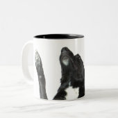 Hond zit met poten omhoog tweekleurige koffiemok (Voorkant links)