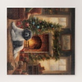 Hond zit voor een kerstboom legpuzzel (Horizontaal)