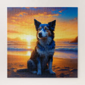 Hond zittend op Ocean Beach bij zonsondergang Legpuzzel (Verticaal)