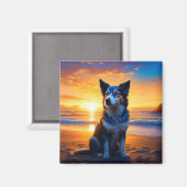 Hond zittend op Ocean Beach bij zonsondergang Magneet (Voorkant / Achterkant)